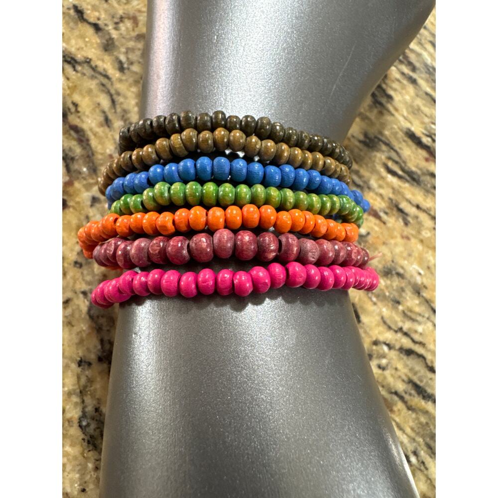 7 Multicolor, Stretch, Wooden Bead Bracelets Wear Separately Or Mix and Match